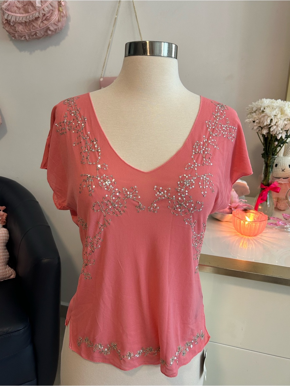 Women’s Coral Pink Embellished Beaded V-Neck Mesh Top NWT
